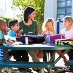 Students Eating At Lunch Table With Teacher