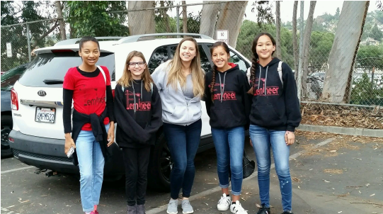 Students outside by car