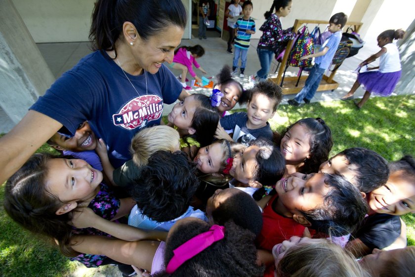 Teacher surrounded by students